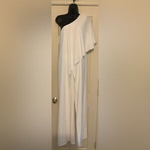 Blu Sage Asymmetrical White Jumpsuit with Cascading Detail